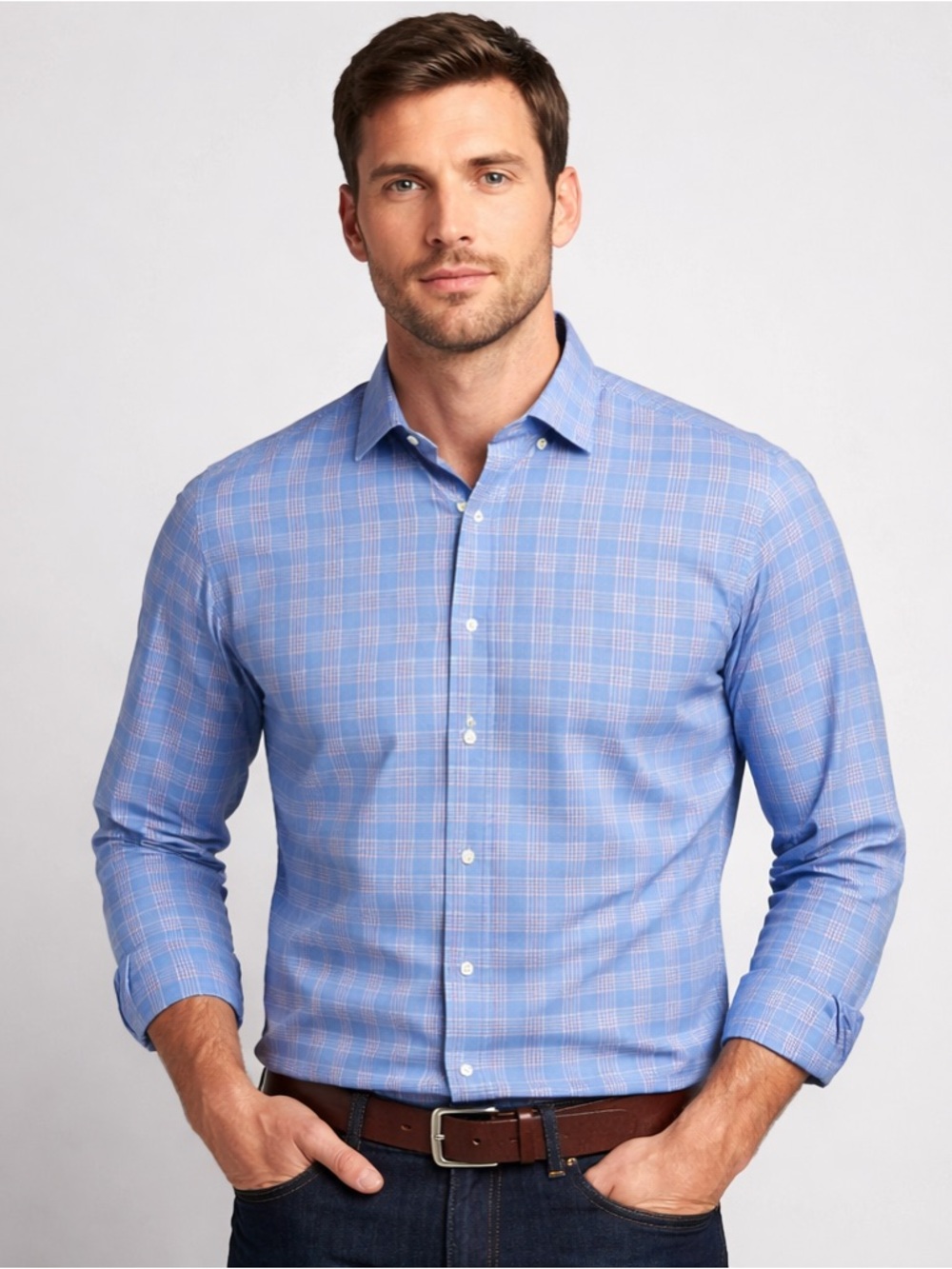 Peter Millar Men’s Medium Blue Plaid Button Down Shirt 100% Cotton Classic Fit